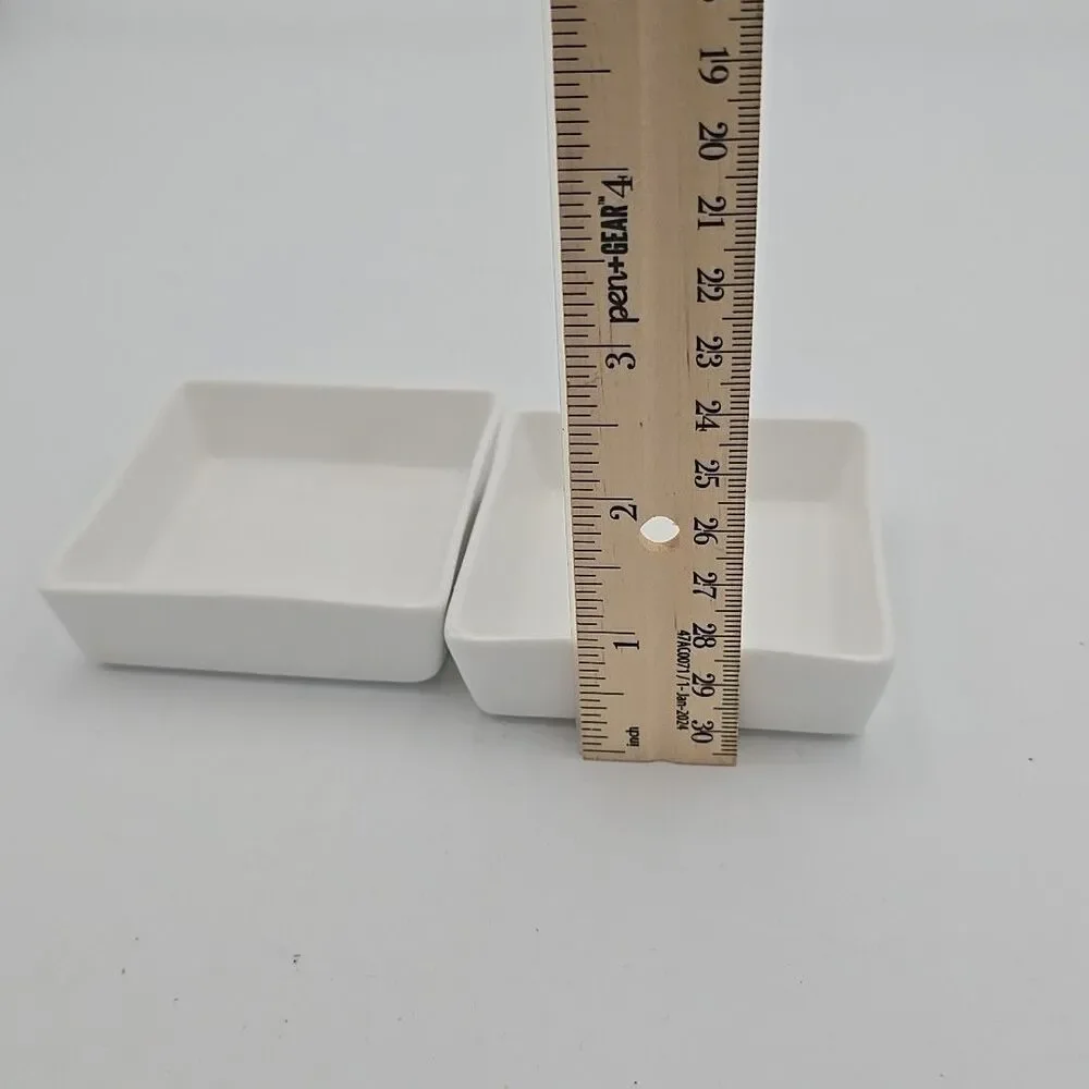 Set of 2 Crate & Barrel White Porcelain Square Ramekins Dip Condiment Bowls 3”